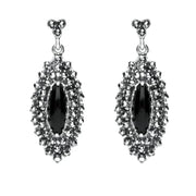 Sterling Silver Whitby Jet Marcasite Double Row Drop Earrings. E1642.