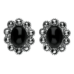 Sterling Silver Whitby Jet Marcasite Oval Beaded Edge Stud Earrings. E1637.