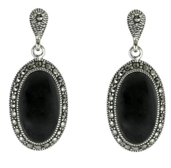 Sterling Silver Whitby Jet Marcasite Oval Star Back Drop Earrings. E1790.