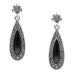 Sterling Silver Whitby Jet Marcasite Pear Drop Stud Earrings. E2236.