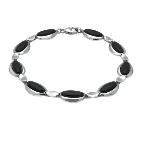 Sterling Silver Whitby Jet Nine Stone Long Oval Bracelet B1082
