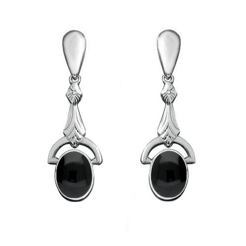 Sterling Silver Whitby Jet Oval Art Deco Drop Earrings E052