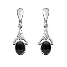 Sterling Silver Whitby Jet Oval Art Deco Drop Earrings E052