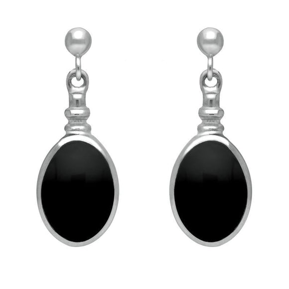 Sterling Silver Whitby Jet Oval Bottle Top Drop Earrings. E056.