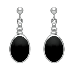 Sterling Silver Whitby Jet Oval Bottle Top Drop Earrings. E056.