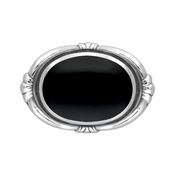 Sterling Silver Whitby Jet Heritage Oval Fleur Brooch, M057.