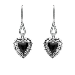 Sterling Silver Whitby Jet Oxi Heart Drop Earrings. E1924.