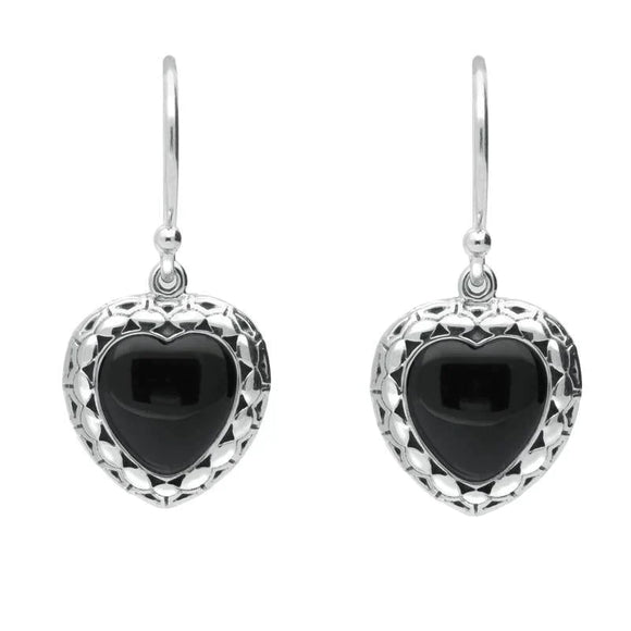 Silver Whitby Jet Oxidised Heart Drop Earrings E1958