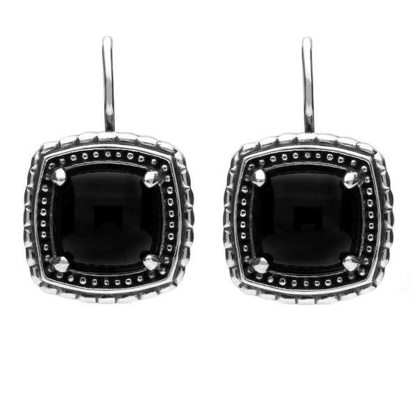 Silver Whitby Jet Oxidised Square Pattern Hook Drop Earrings E1952
