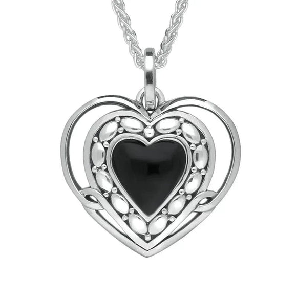 Sterling Silver Whitby Jet Pattern Open Heart Necklace. P2623.
