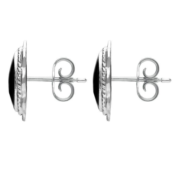 Sterling Silver Whitby Jet Rope Frill Edge Stud Earrings. E009.