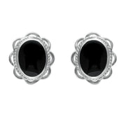 Sterling Silver Whitby Jet Rope Frill Edge Stud Earrings. E009.