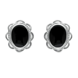 Sterling Silver Whitby Jet Rope Frill Edge Stud Earrings. E009.