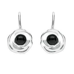 Silver Whitby Jet Rose Stone Centre Hook Earrings E1916