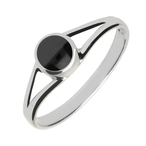 Silver Whitby Jet Round Split Shoulder Ring R029
