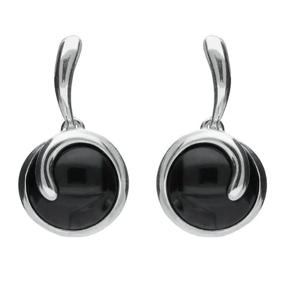 Sterling Silver Whitby Jet Round Swirl Drop Earrings E2131