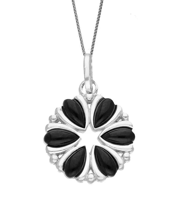 Sterling Silver Whitby Jet Six Stone Flower Necklace P2614