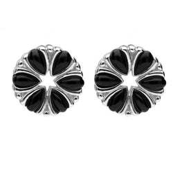 Sterling Silver Whitby Jet Six Stone Flower Stud Earrings. E1963.