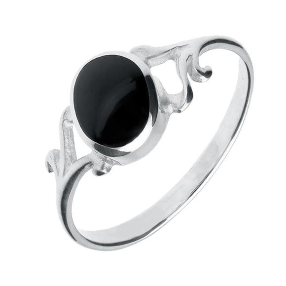 Sterling Silver Whitby Jet Small Scroll Ring R068