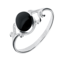 Sterling Silver Whitby Jet Small Scroll Ring R068