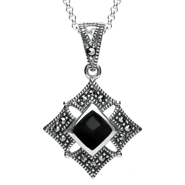 Silver Whitby Jet Square Marcasite Necklace P2341