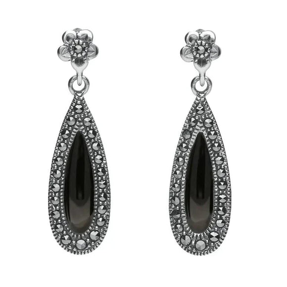 Sterling Silver Whitby Jet Marcasite Pear Drop Stud Earrings E2236