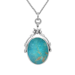 Silver Whitby Jet and Turquoise Long Oval Swivel Fob Necklace, P263_18 reverse