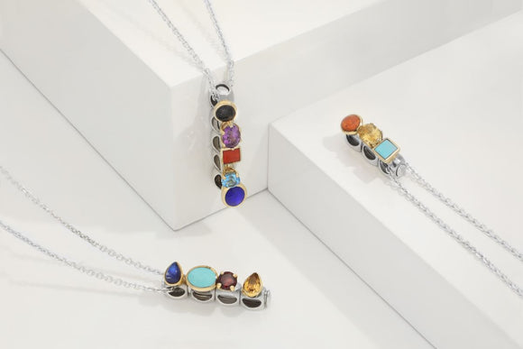 9ct Yellow Gold Sterling Silver Whitby Jet Stepping Stones 5mm Round Claw Set Charm D