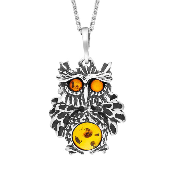 Sterling Silver Amber Moving Head Owl Necklace