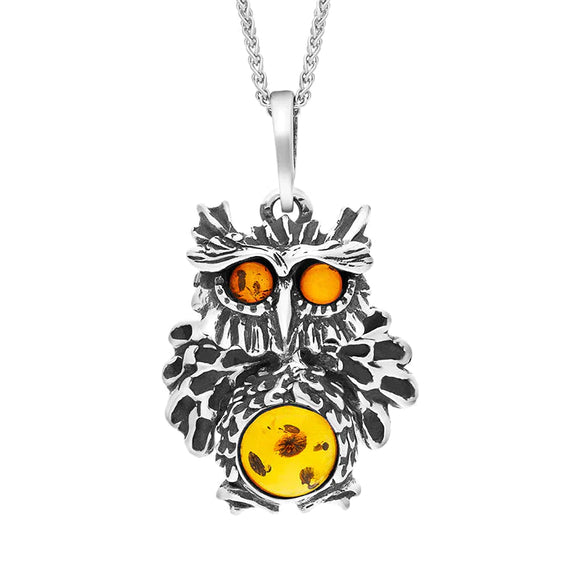 Sterling Silver Amber Moving Head Owl Necklace