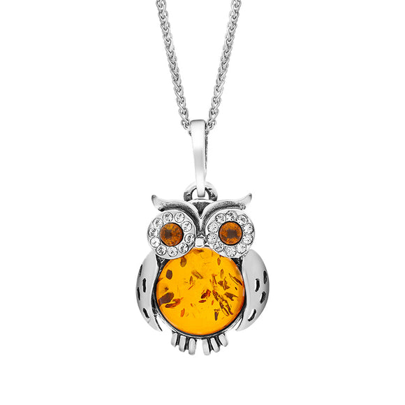 Sterling Silver Amber Zirconia Owl Necklace