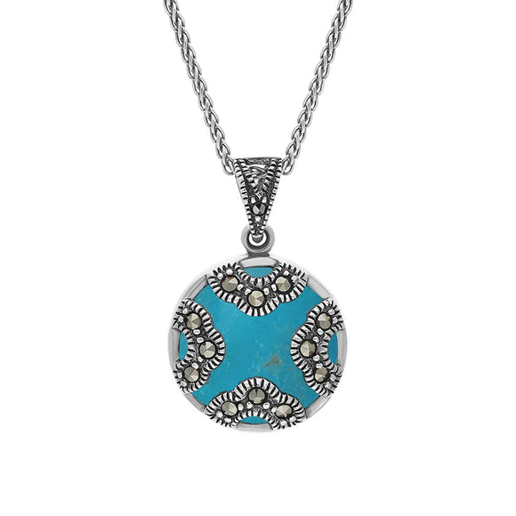 Sterling Silver Turquoise Marcasite Round Four Arc Necklace, P2140.