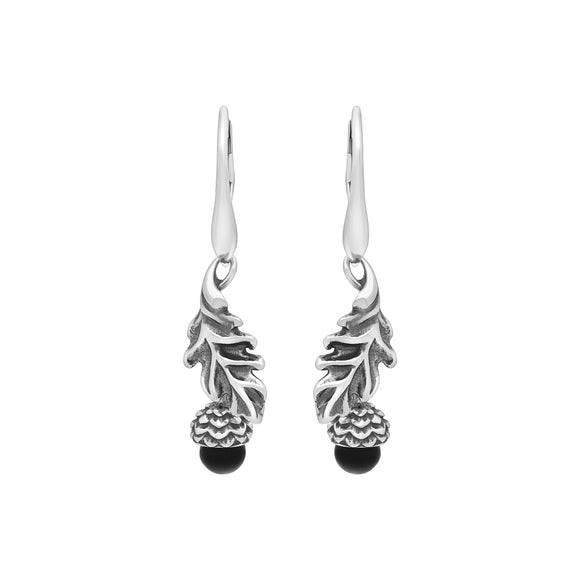 Sterling Silver Whitby Jet Acorn Leaf Hook Earrings, E2616