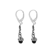 Sterling Silver Whitby Jet Acorn Leaf Hook Earrings