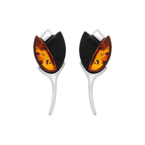 Sterling Silver Whitby Jet Amber 2 Stone Leaf Earrings, E2615