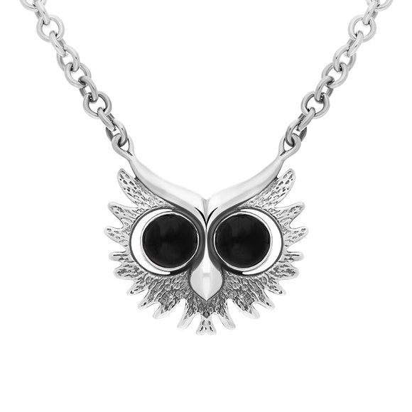 Sterling Silver Whitby Jet Owls Face Necklace. N945.