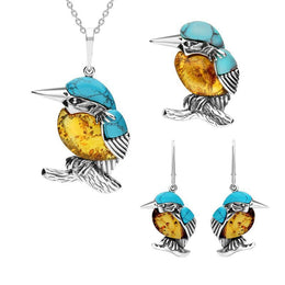 Sterling Silver Amber Turquoise Kingfisher Three Piece Set P3148 E2524 M354