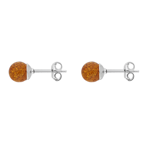 Sterling Silver Baltic Amber Orange 7mm Ball Stud Earrings. E1752.