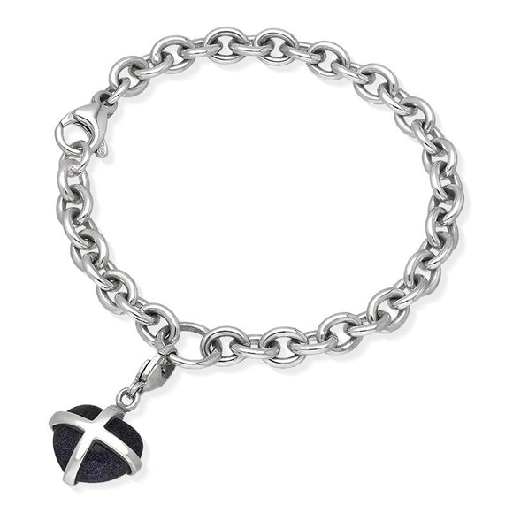 Sterling Silver Blue Goldstone Small Cross Heart Charm Bracelet, B666