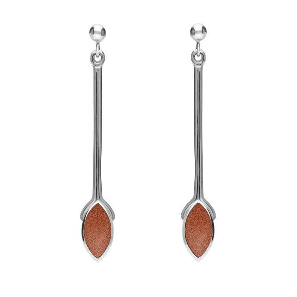 Sterling Silver Brown Goldstone Long Marquise Drop Earrings, E131.