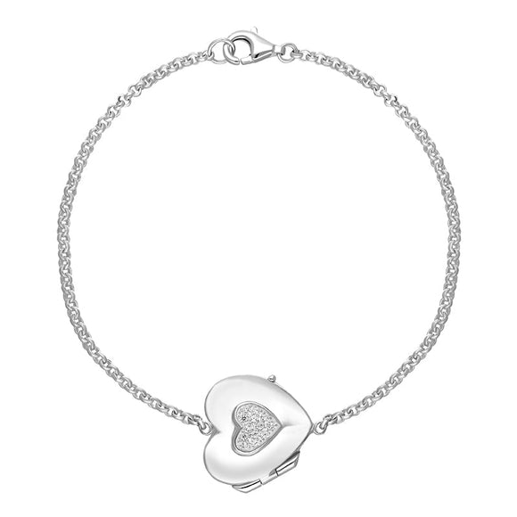 Sterling Silver Cubic Zirconia Heart Keepsake Locket Bracelet, B1247.