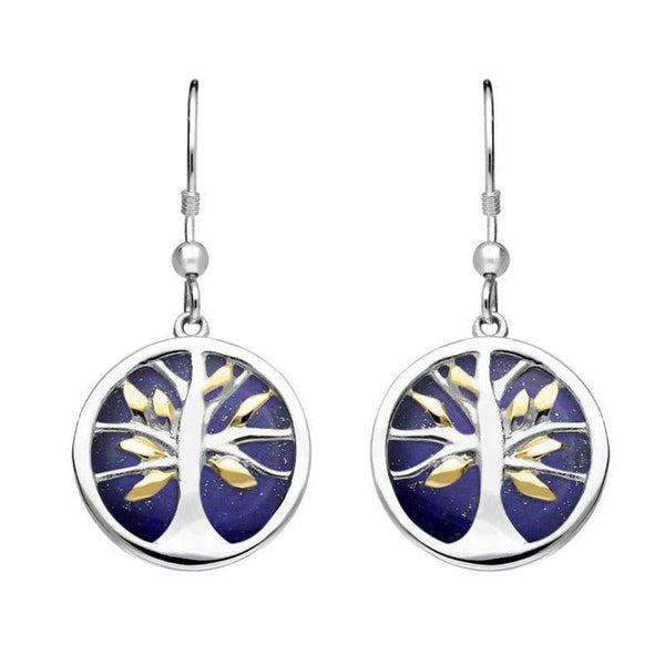 Sterling Silver Gold Plate Lapis Lazuli Round Tree of Life Drop Earrings, E2485.
