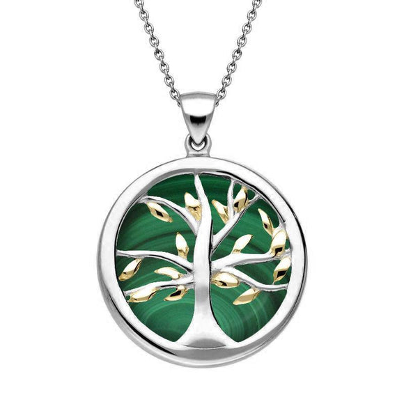 Sterling Silver Gold Plate Malachite Medium Round Tree of Life Necklace, P3441.