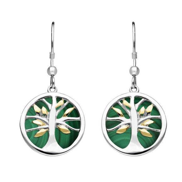 Sterling Silver Gold Plate Malachite Round Tree of Life Drop Earrings, E2485.
