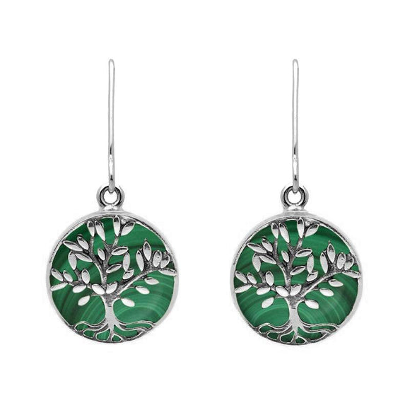 Sterling Silver Malachite Round Large Tree of Life Leaves Drop Earrings, E2427