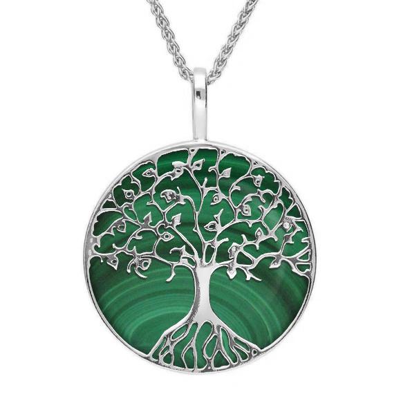 Sterling Silver Malachite Round Tree Of Life Necklace, P3146.