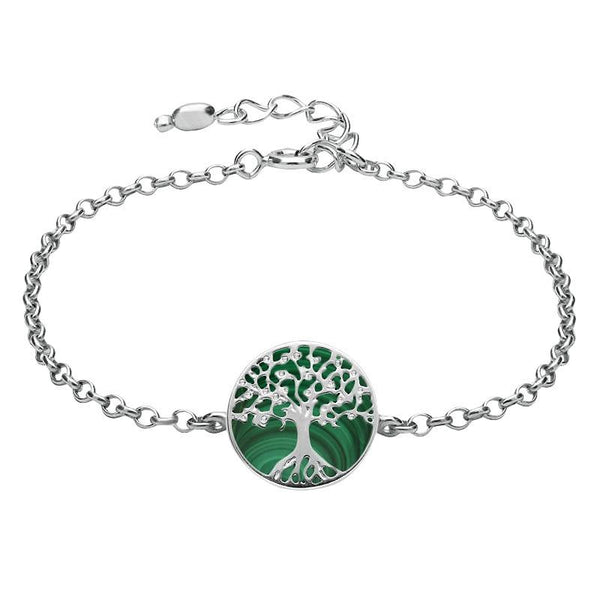 Sterling Silver Malachite Round Tree of Life Chain Bracelet, B1140.