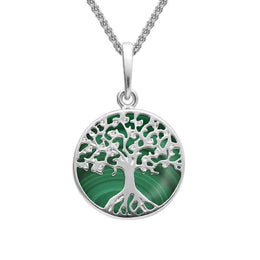 Sterling Silver Malachite Small Round Tree Of Life Necklace, P3339.