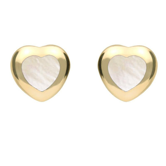 9ct Yellow Gold White Mother of Pearl Framed Heart Stud Earrings. E432.