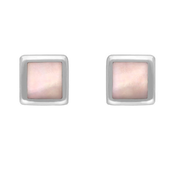 Sterling Silver Pink Mother of Pearl Dinky Square Stud Earrings, E034.